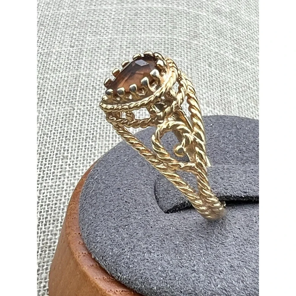 Vintage Gold Tone Rope Twist Pear Statement Ring Smoky Brown Teardrop Sz 7.75